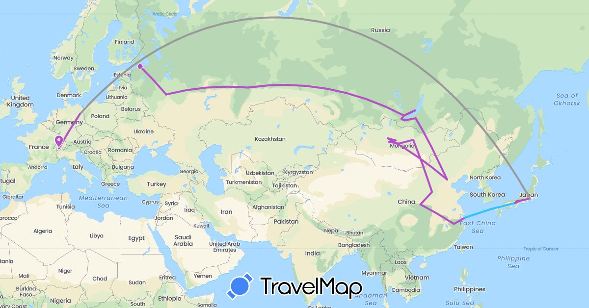 TravelMap itinerary: plane, train, boat in Switzerland, China, Germany, Japan, Mongolia, Russia (Asia, Europe)