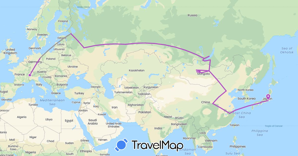 TravelMap itinerary: driving, plane, train in Switzerland, China, Germany, Japan, Mongolia, Russia (Asia, Europe)